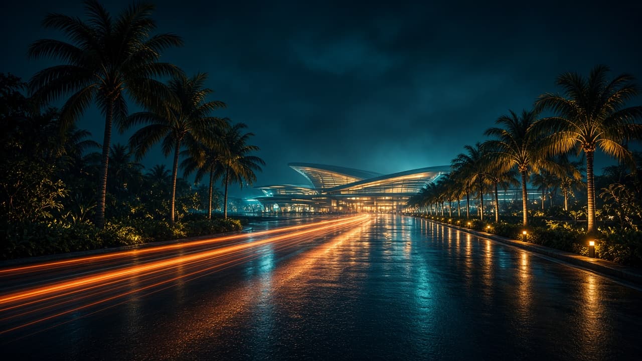 Private transfer vehicle on the approach road to Colombo airport at night