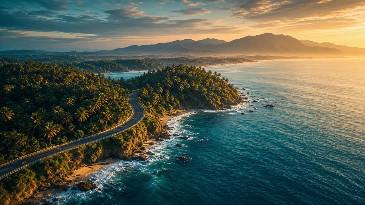 Coastal road winding along the Sri Lankan shoreline at sunset