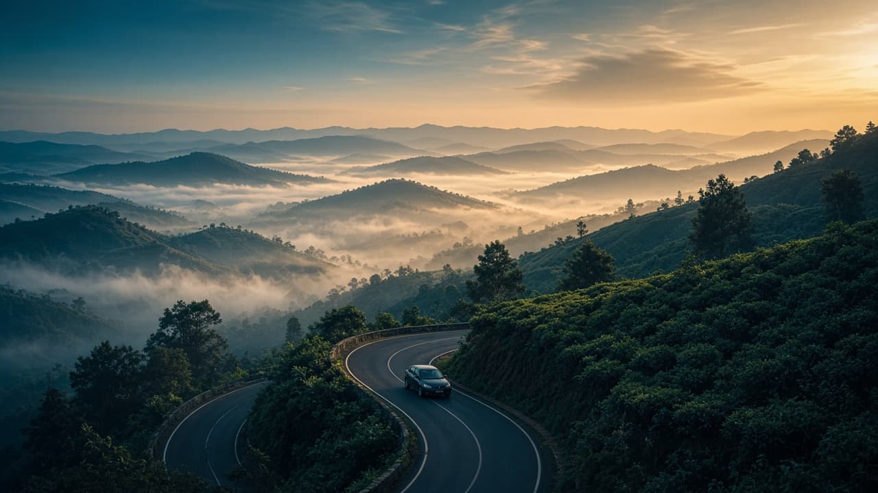 Private car on a winding road through Sri Lankan tea country