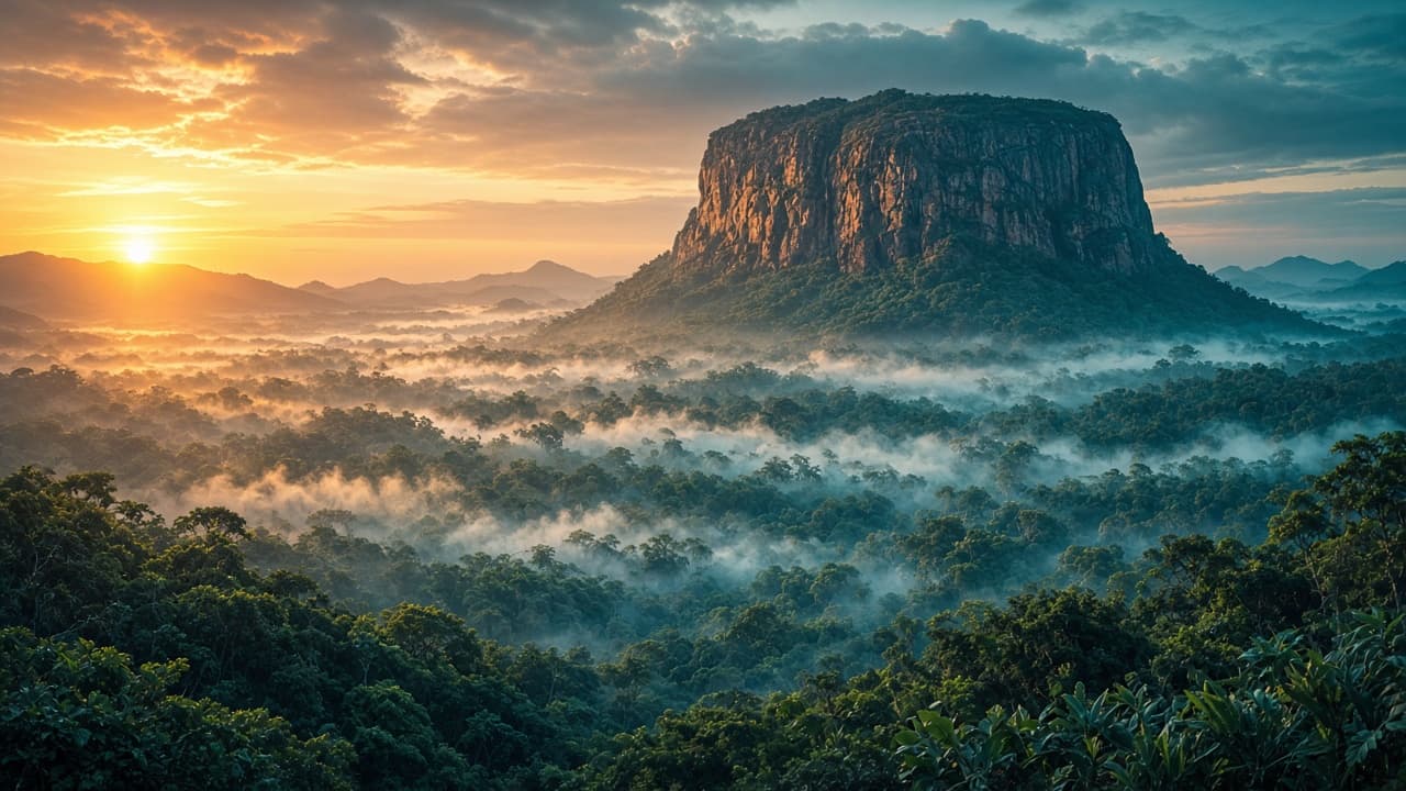 Ancient rock temple above the Sri Lankan jungle in early morning light